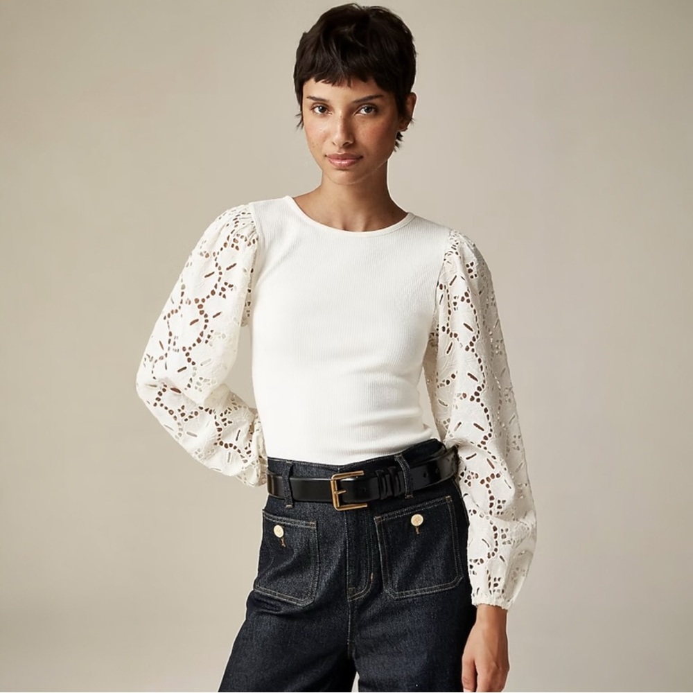 J. Crew Elegant Cream Lace Sleeve Top